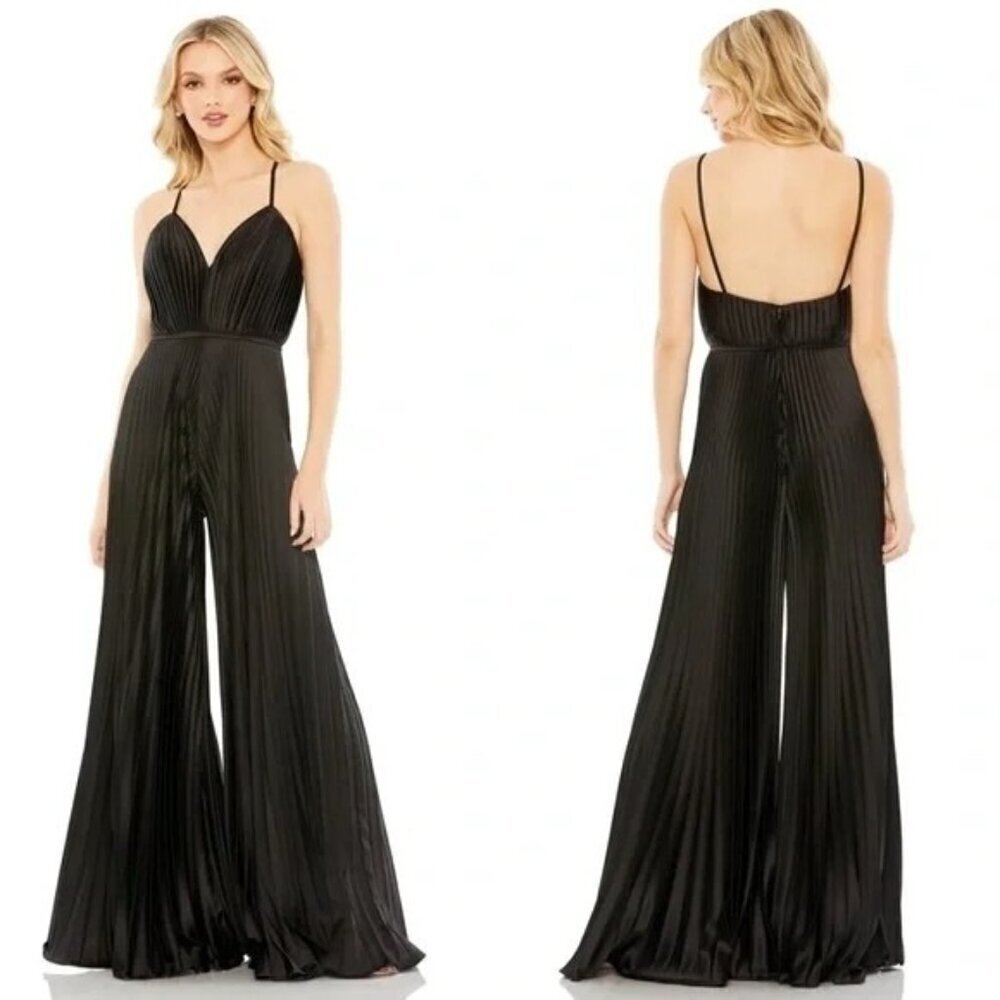 Mac Duggal 26319 Black Pleated Jumpsuit Wide Leg Size 4 NWT